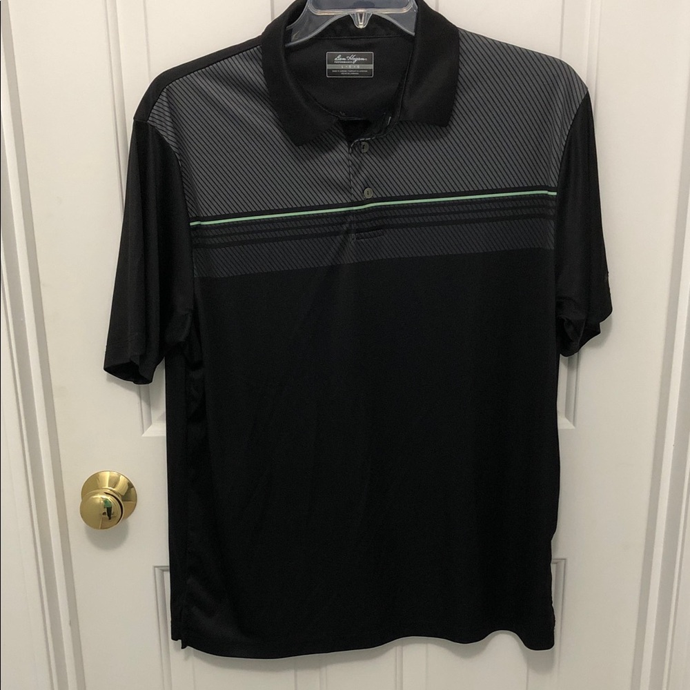 Hogan Black Polo with Gray Striped Yoke and Thin Green Chest Stripe